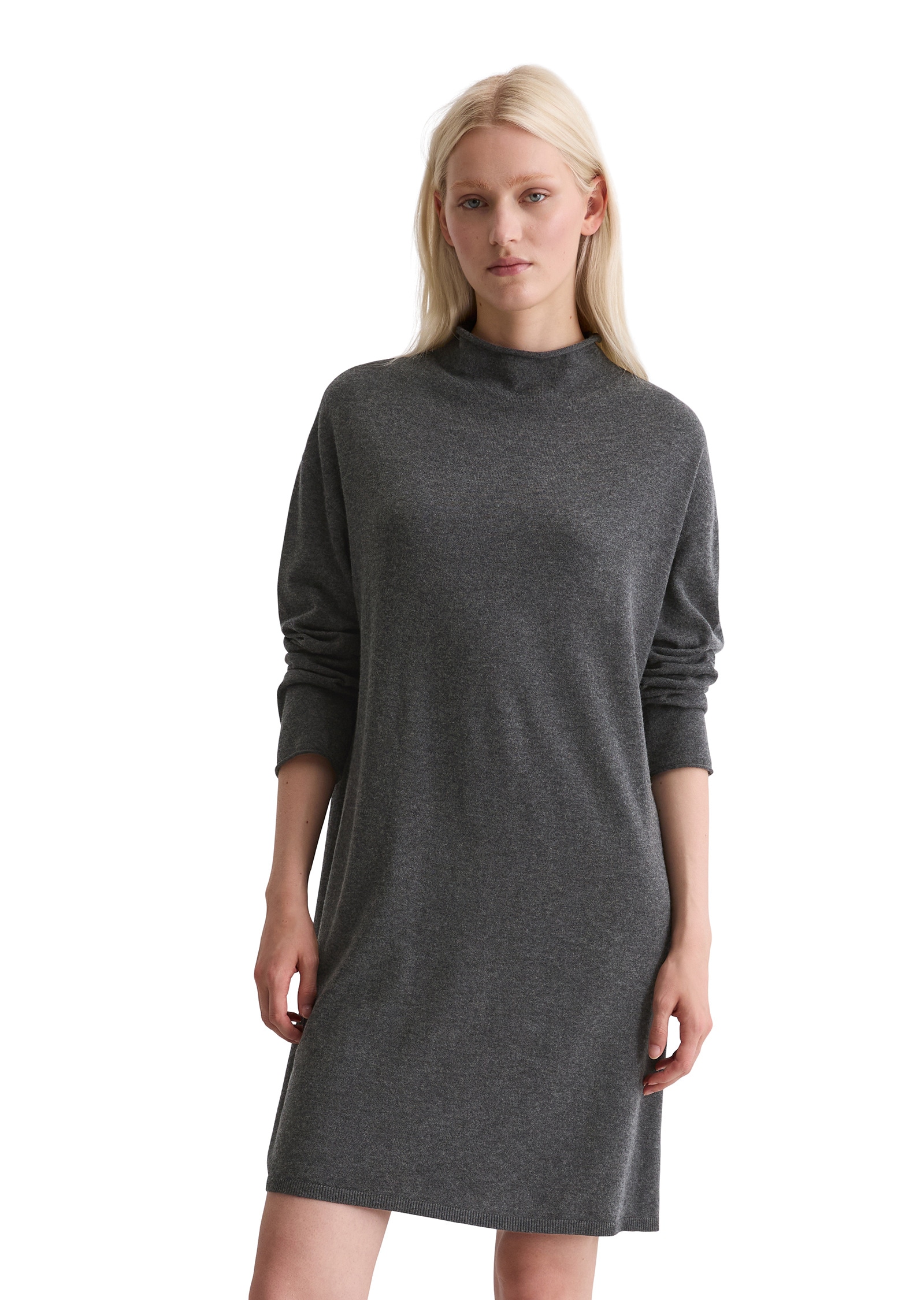 Strickkleid MARC O'POLO "aus softem Schurwolle-Mix", Damen, Gr. 38, Normalgrößen, grau (night grau melange), Obermaterial: 50% Schurwolle, 33% Viskose, 17% Polyamid; Futter: 100% Nicht verfügbar, unifarben, relaxed fit kurz, Rippbündchen, Kleider Image