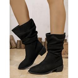 Bottes souples en faux daim marron pour femmes avec talon bas, bottes mi-mollet confortables à enfiler pour tenues décontractées d'automne et d'hiver