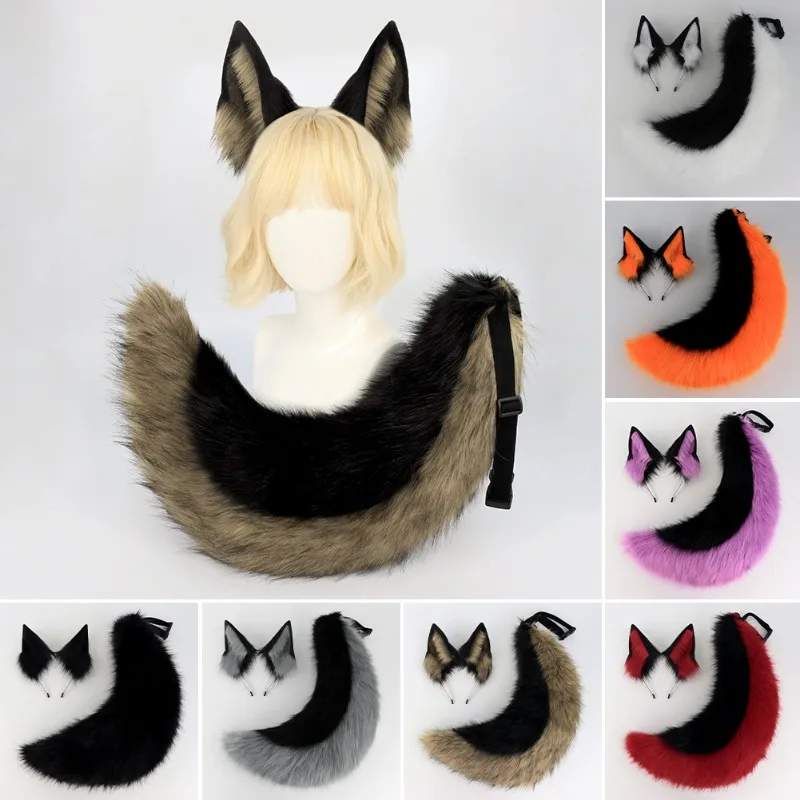 2 Teile/satz Tier Fursuit Ohren Schwanz Halloween Party Cosplay Kopfbedeckung Plüsch Tier Wolf Schwänze Fuchs Ohren Haarband Pelzigen Hund COS schwanz Image