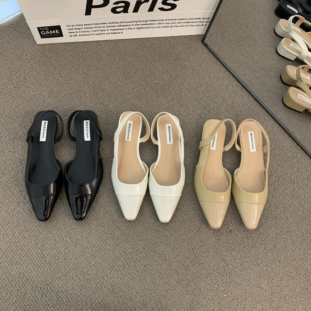 Baotou-Sandalen mit niedrigem Absatz für Damen, französische Nude-Farbe, spitz, kleiner, duftender Stil, Damen-Schuhe mit dicken Absätzen, einzelne Schuhe im Rückenluftstil