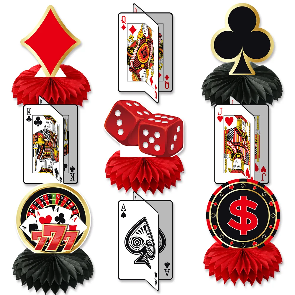 9 Teil/satz Casino Las Vegas Thema Poker Spielkarte Desktop Waben Ornament für Erwachsene Junge Geburtstag Spiel Nacht Party Dekoration Image