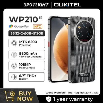 【World Premiere】OUKITEL WP210 Rugged Phone - MTK 8200, 36GB+512GB, 8800mAh 45W, 6.7" FHD+, NFC, 108MP Android15 5G Smartphone