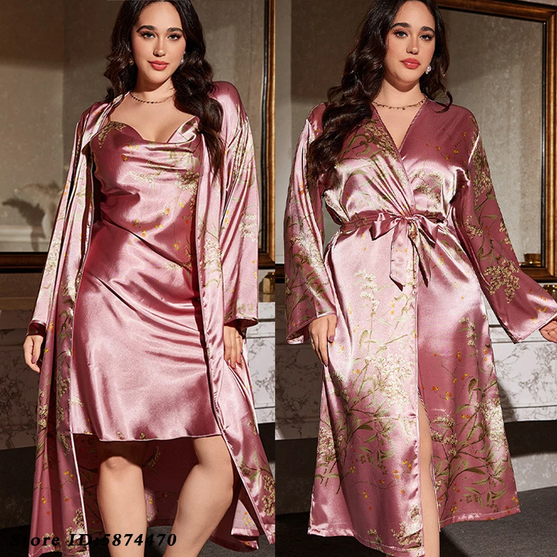 Große Größe 5xl Twinset Robe Set weibliche lange Bademantel Nachthemd Frühling Sommer Kimono Kleid sexy Nachthemd Satin Homewear Lounge wear