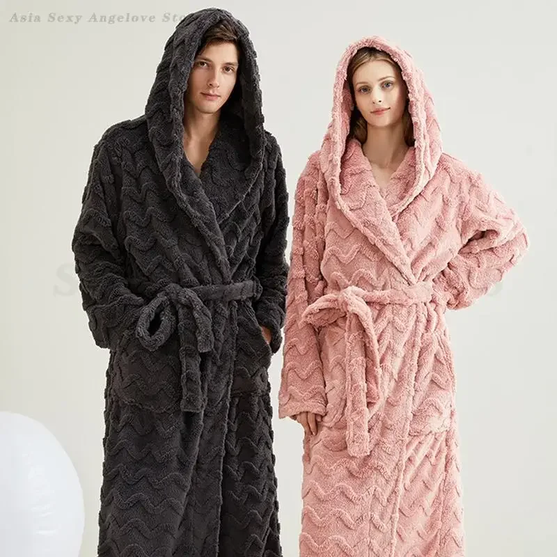 Herbst Winter Paar Nachtwäsche Flanell Mit Kapuze Robe Hause Tragen Verdicken Warme Korallen Fleece Yukata Loungewear Lose Bademantel Pyjama Image