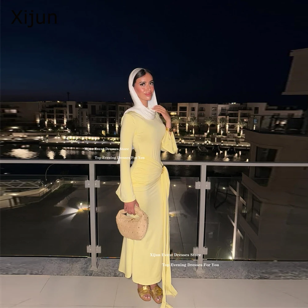Xijun Baby-Abendkleider aus gelbem Krepp, saudi-arabische knöchellange Ballkleider, lange Ärmel, plissiert, bescheidene Ballkleider, individuell anpassbar Image