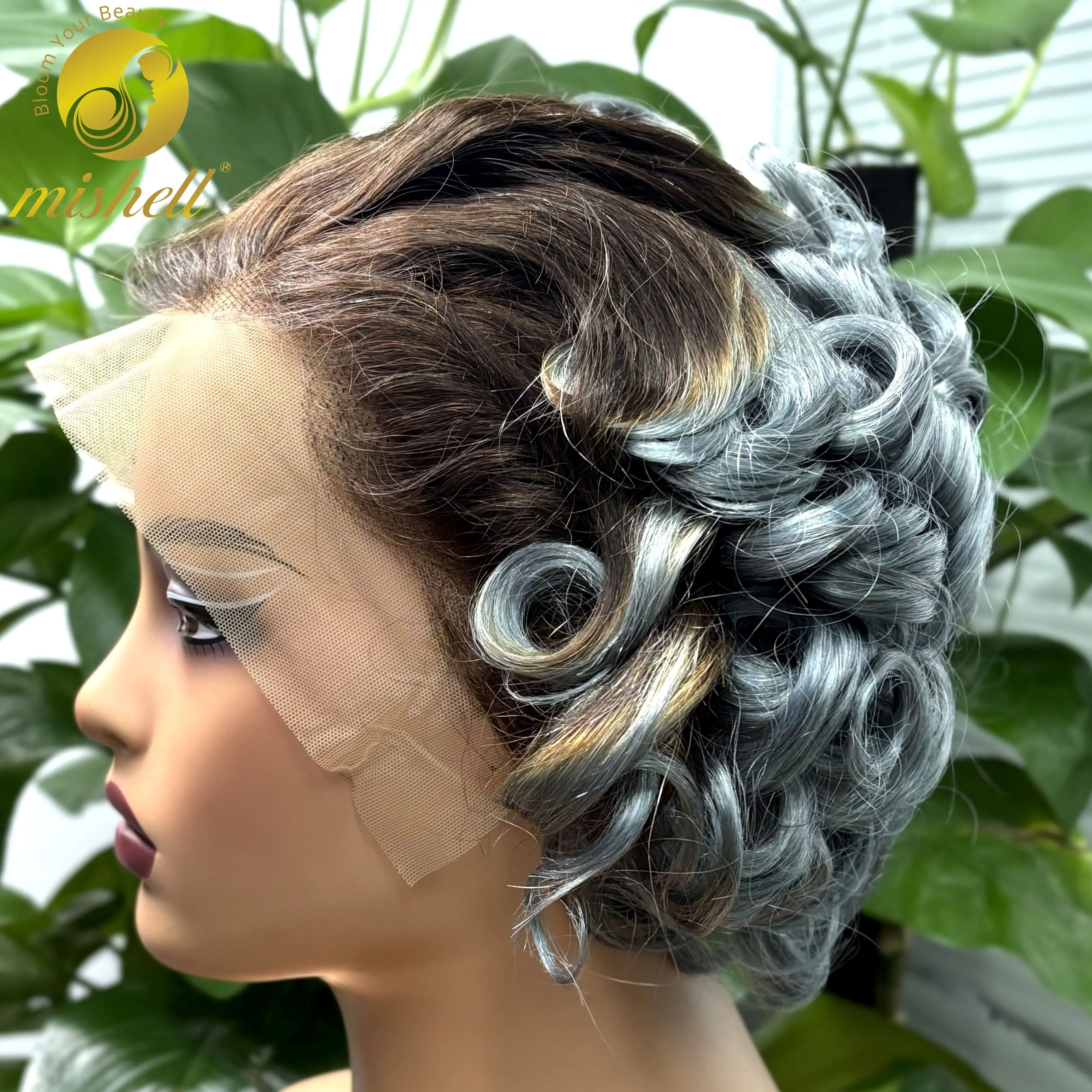 T2-Grau Lockige Fumi Bob Perücke Kurze Sprungkräftige Locken Echthaarperücken 250% Dichte 13x4 Lace Frontal Lockige Wellenperücken für Schwarze Frauen