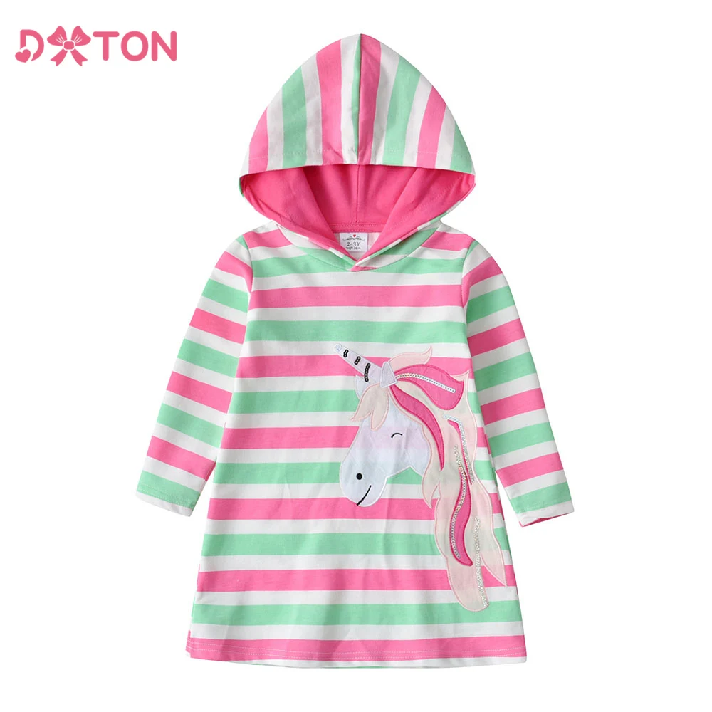 DXTON Kinder-Tageskleid mit Kapuze, gestreift, Einhorn, Kleinkind-Urlaubskleidung, Applikation, Kinder-Kapuzenpullover, gerades Kleid, Herbstkostüme Image