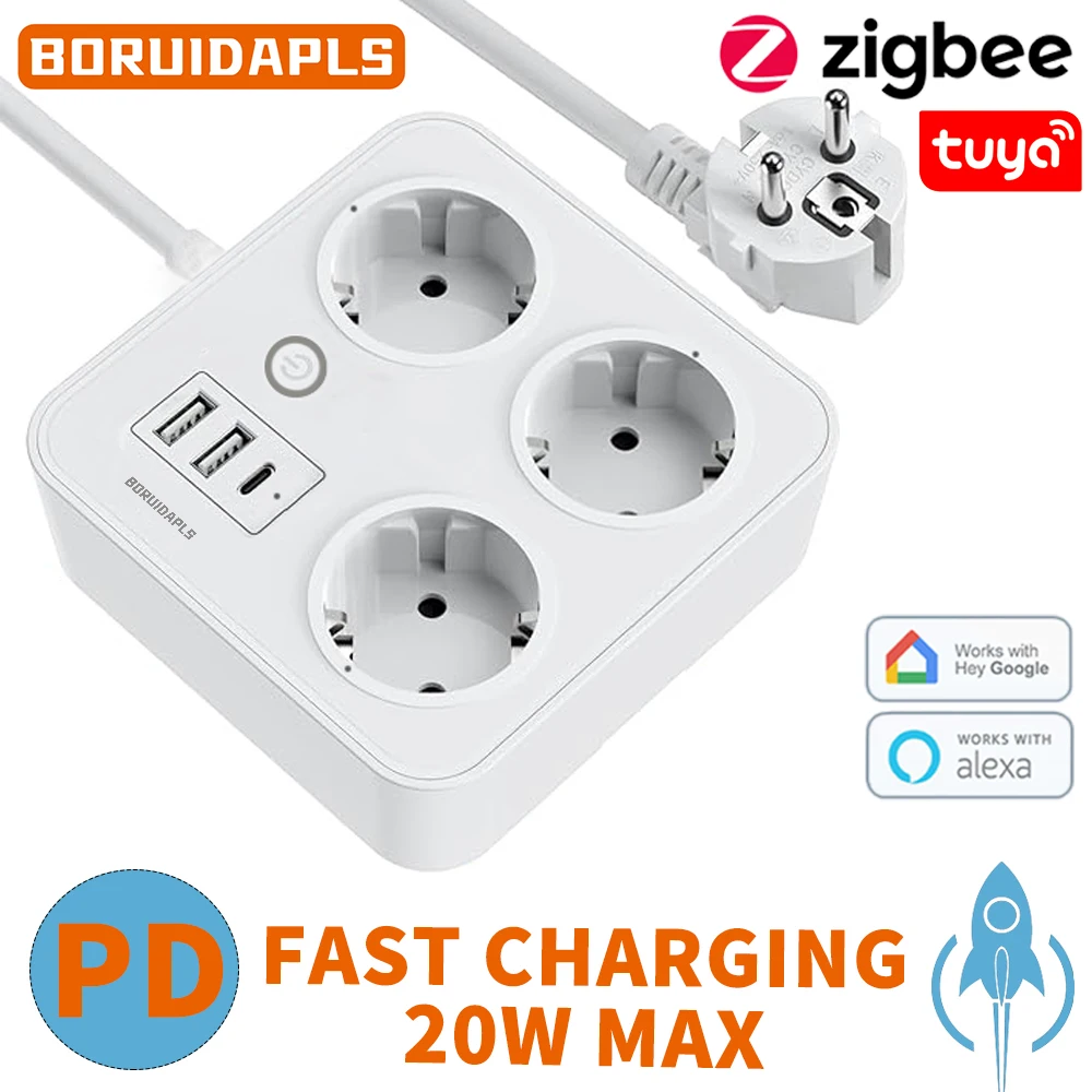 BORUIDAPLS ZigBee Smart Steckdosenleiste Energiesparende Messsteckdose PD20W Typ-C Tuya Alexa Fernbedienung Sprachsteuerung Küchenzubehör Image