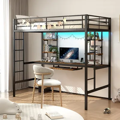 90x190cm Metal Bunk Bed with Storage Drawers and Long Desk, Ladder Design for Kids and Teenagers, Black & Walnut