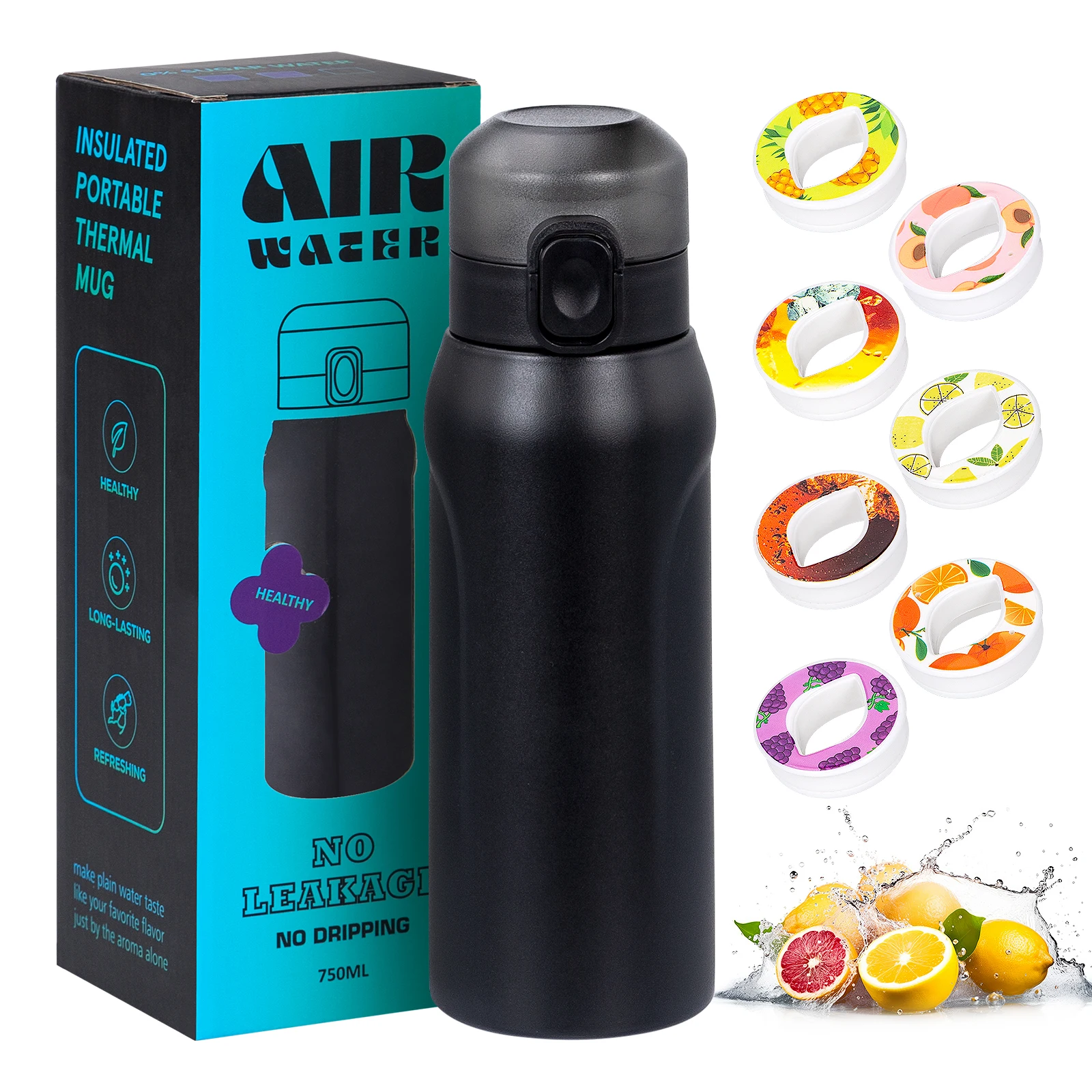 750 ml Edelstahl-Thermosbecher mit 7 Geschmackspullen, Luft- und Wasserflasche, großes Fassungsvermögen, Tumbler-Becher, Sport-Vakuumflasche Image