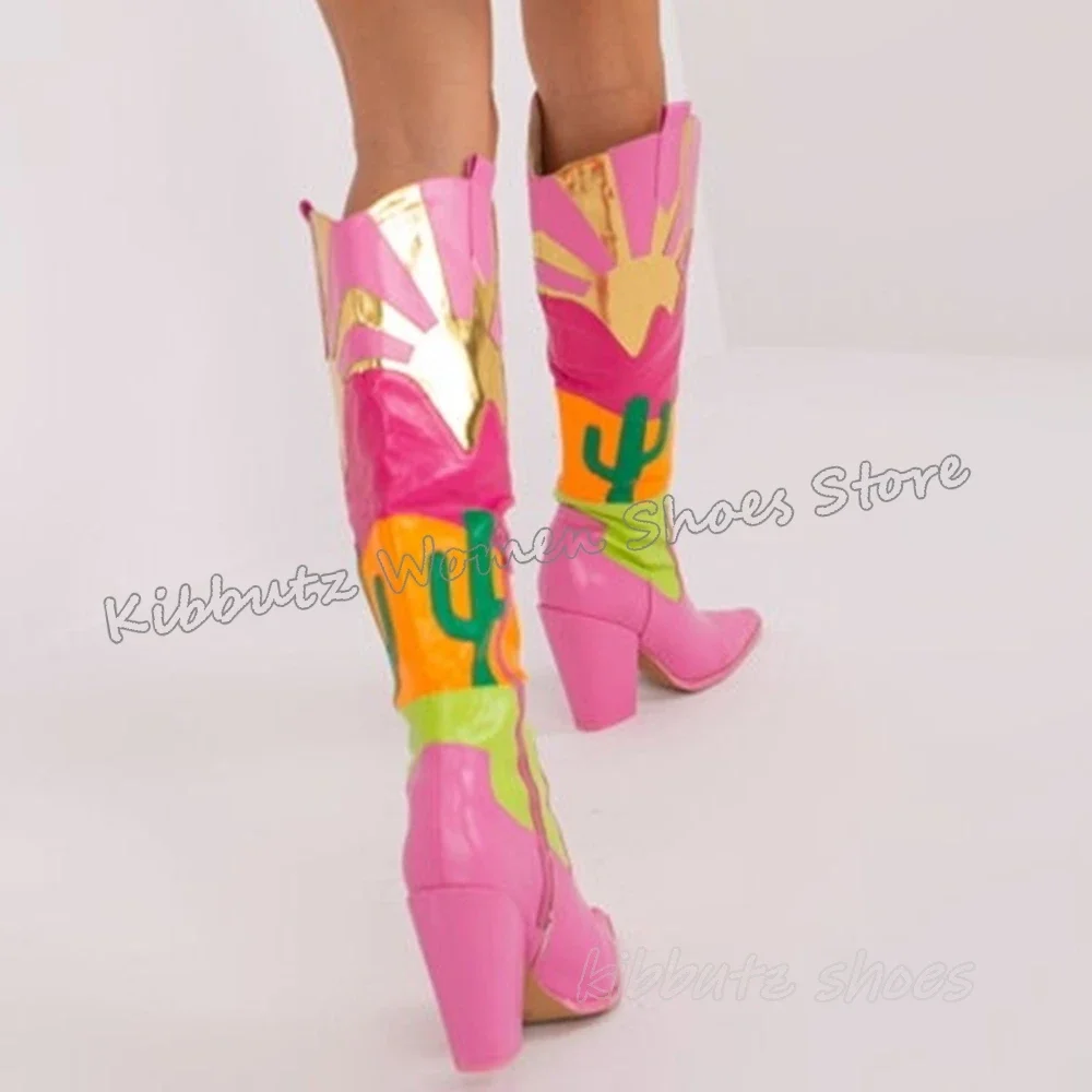 Cowboystiefel, kniehoch, Patchwork, echtes Leder, gemischte Farben, Reißverschluss, modisch, elegant, Neuheit, Damenschuhe, neuester spitzer Blockabsatz