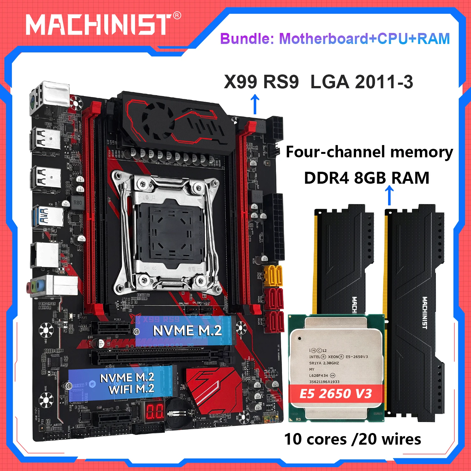 MACHINIST RS9 X99 Motherboard Combo Optional Xeon E5 2650 V3 CPU DDR4 16 GB RAM Kit Set NVME M.2 LGA2011-3 Vierkanal USB3.0 Image