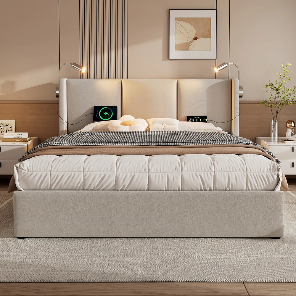 KOMHTOM Doppel Polsterbett mit Stauraum, Leselicht & USB-Ladefunktion, Leinenmaterial Image