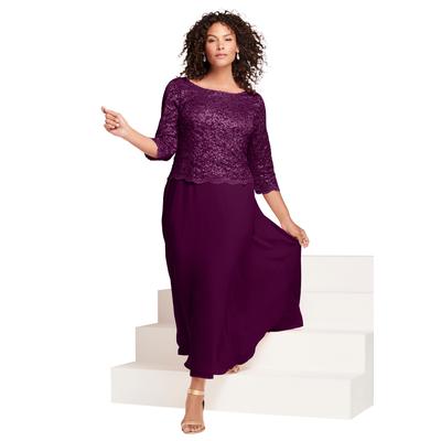 Plus Size Women's Plus Size Sparkle Lace Popover A-Line Gown with 3/4 Sleeves by Roaman's in Dark Berry (Size 18 W)