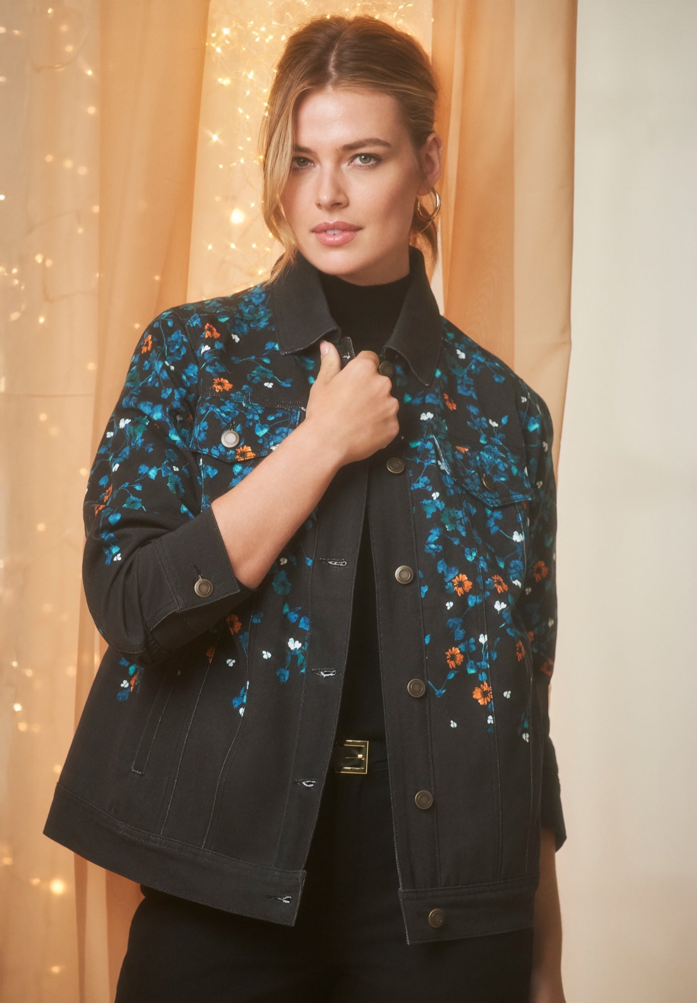 Plus Size Women's Classic Cotton Denim Jacket by Jessica London in Teal Falling Leaves (Size 34) 100% Cotton Jean Jacket