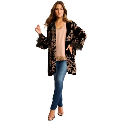 Plus Size Women's Embroidered Velour Kimono by Roaman's in Brown Floral (Size 5X/6X)