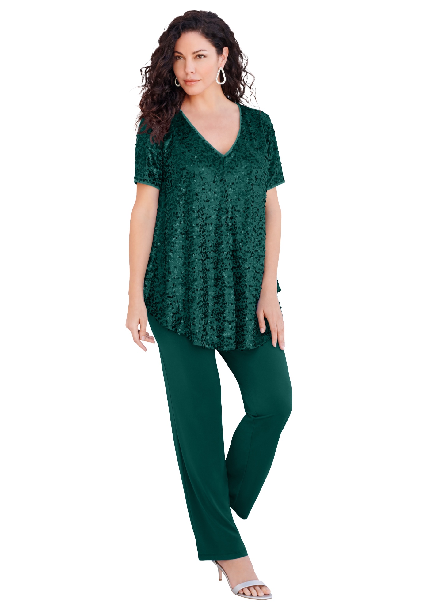 Plus Size Women's Plus-Size 2 Piece S/S Sequin Top and Pant Set by Roaman's in Emerald Green (Size 36 W)