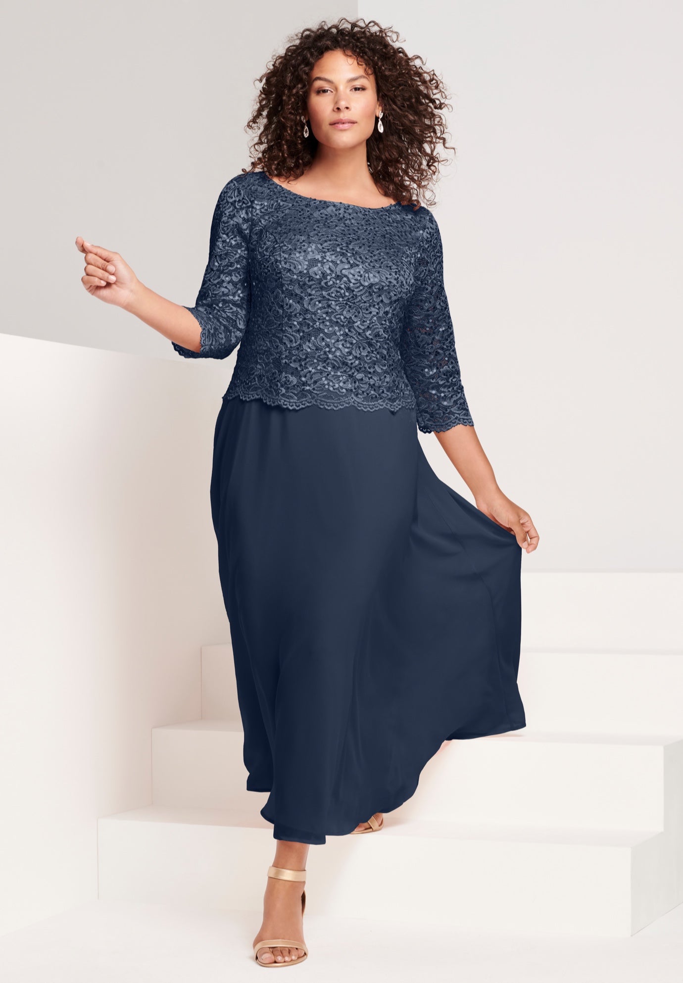 Plus Size Women's Plus Size Sparkle Lace Popover A-Line Gown with 3/4 Sleeves by Roaman's in Navy (Size 42 W) Formal Evening