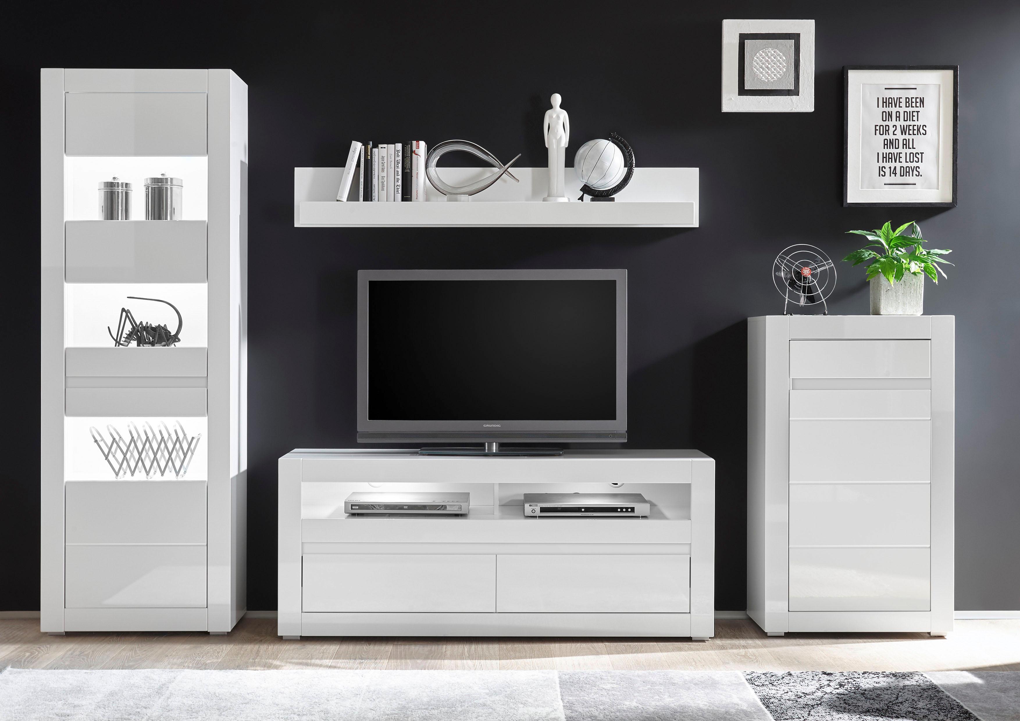 Wohnwand INOSIGN "Carat", weiß (weiß, weiß hochglanz), B:302cm, Kastenmöbel-Sets, wird jeweils mit zwei Leisten angeliefert, 1 x grau, 1 x weiss