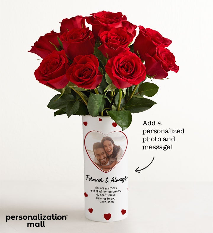 1-800-Flowers Flower Delivery You & Me Bouquet W/ Personalized Photo Vase W/ One Dozen Red Roses
