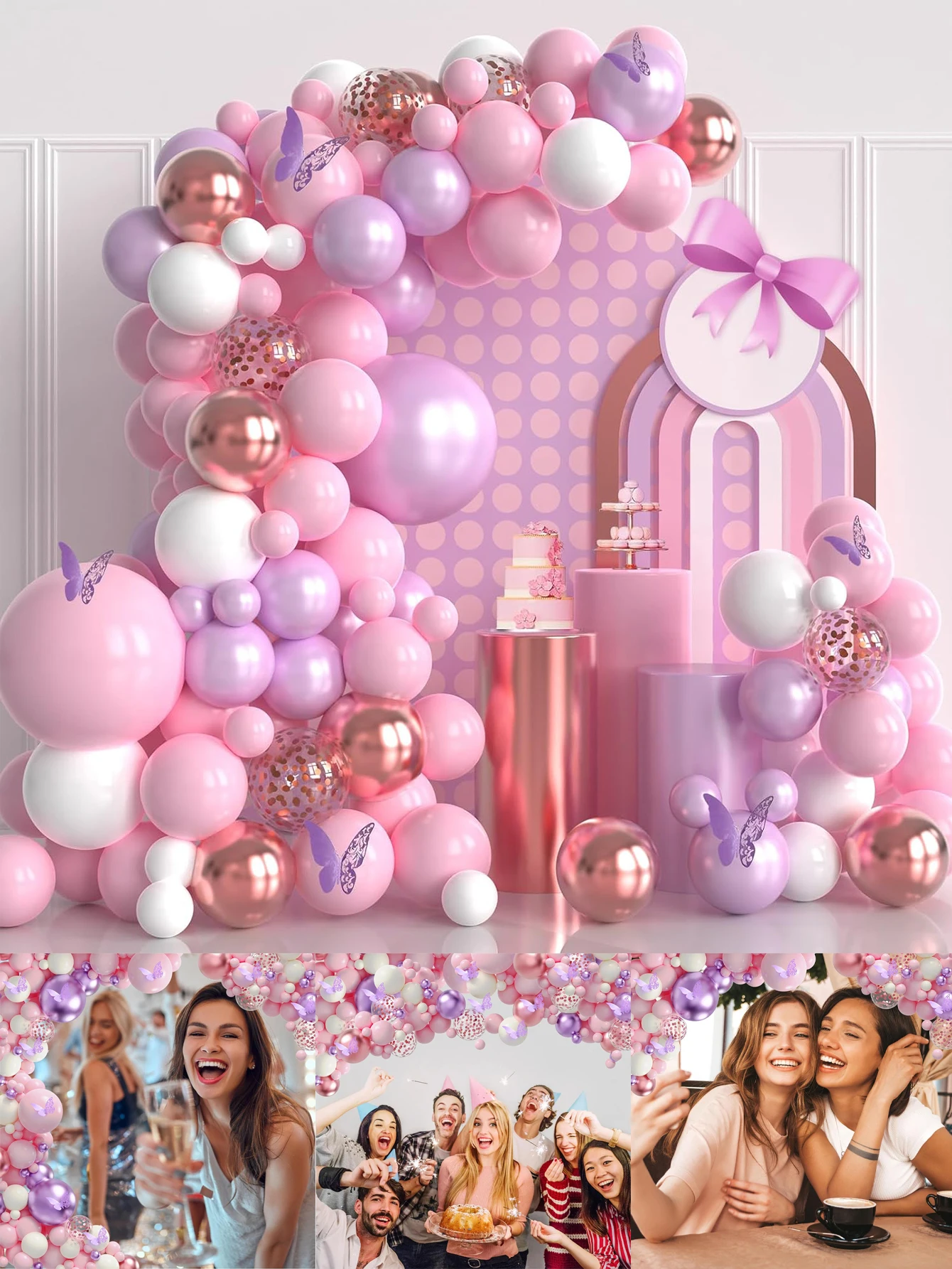 148-teiliges Latex-Ballon-Set in Rosa, Weiß, Roségold, geeignet für Geburtstagsfeiern, Hochzeiten, Valentinstag-Party-Dekoration Image