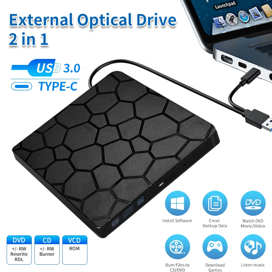 2-in-1 USB 3.0 Typ C Externer DVD-CD-Player RW-Schreiber DVD-Brenner Tragbare optische Laufwerke für Laptop Desktop PC Disk Drive Image
