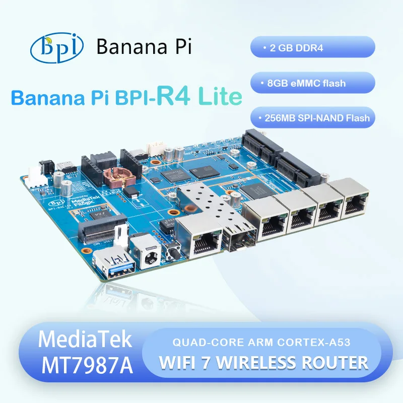 Banana Pi BPI-R4 Lite MediaTek MT7987A 2 GB DDR4 8 GB eMMC 256 MB SPI-NAND Smart Router Home Automation Wifi 7 Wireless Router Image