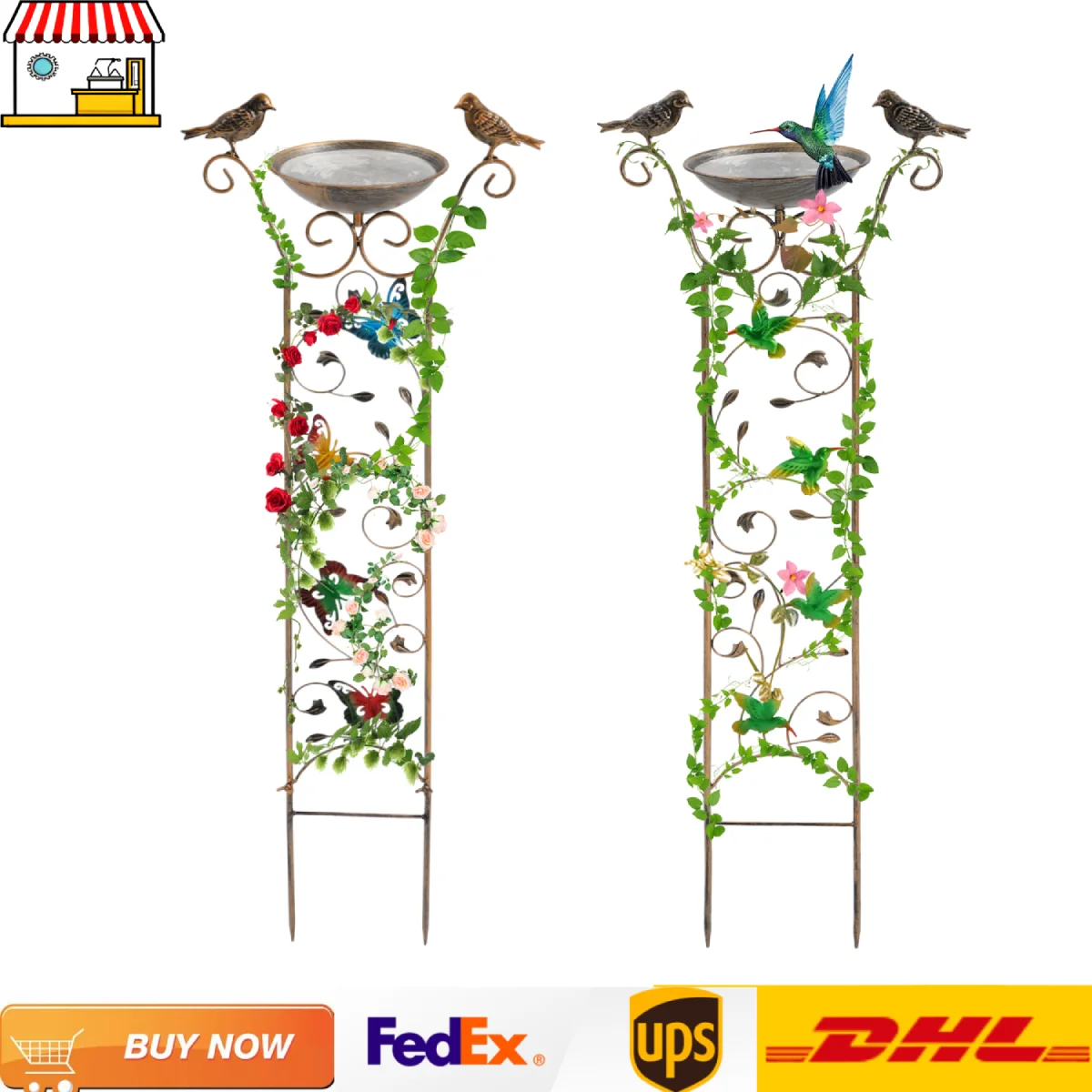 39,4 Zoll Gartenerngitter aus Eisen | Kletterständer für Pflanzen im Freien + Vogelbad | Dekorativer Stützständer für Kletterpflanzen Image