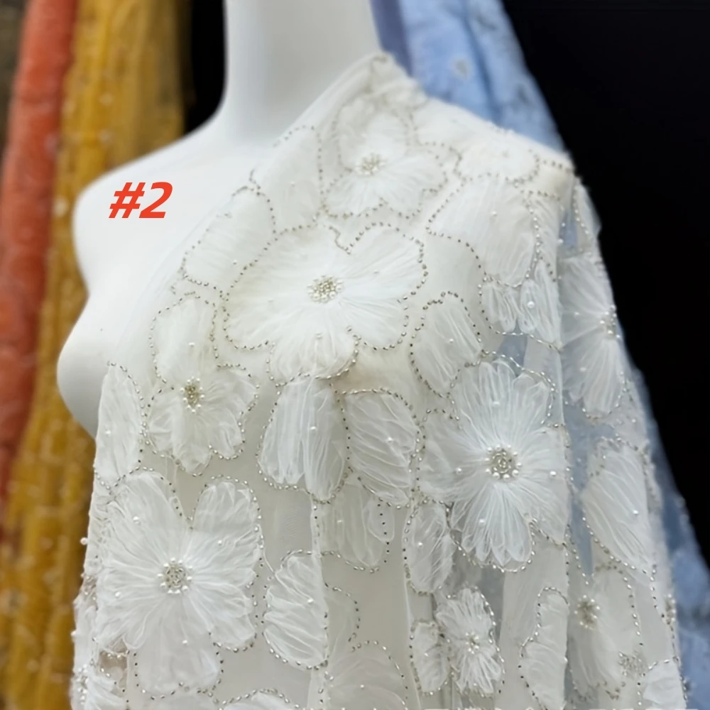 Französisch Mesh Spitze Perlen Stoff Weiß 2025, hochwertige afrikanische nigerianische Tüll Mesh Spitze Luxus Hochzeit Party Kleider für Frauen Image