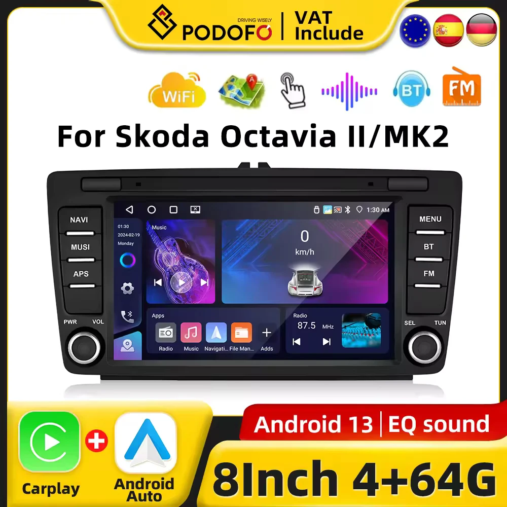 Podofo 8" CarPlay Android Radio For Skoda Octavia 2 MK2 Car Intelligent System 2din GPS Stereo Android 13 Autoradio Head Unit Image