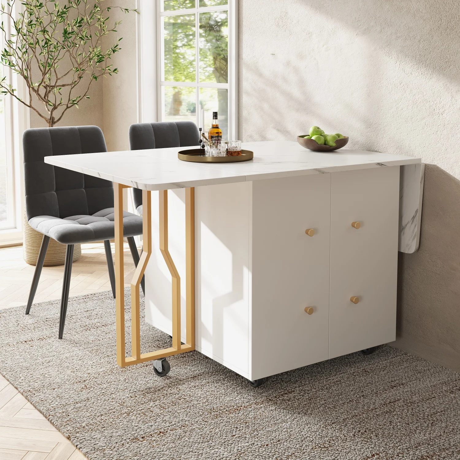 Klappbarer Esstisch mit Rollen, multifunktionaler ausziehbarer Esstisch mit Stauraum, marmorierte Tischplatte für das Esszimmer