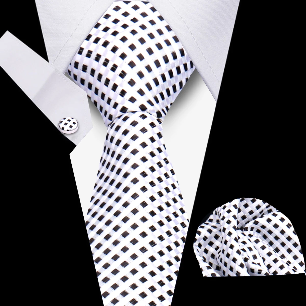 Cravatta Uomo Cravatta da lavoro di lusso per gemelli da uomo Set fazzoletto da taschino Cravatta da 7,5 cm per camicie da festa di nozze Set Cravatte bianche