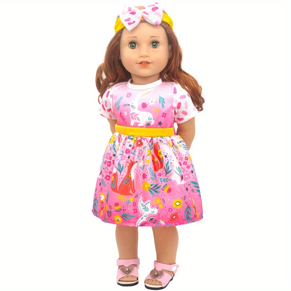 Mädchenpuppenkleidung passend für 18-Zoll-amerikanische Puppen (Produkt enthalten keine Puppe und Schuhe)Rock mit Farbverlauf und rosa Kaninchenblumen