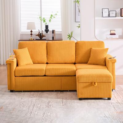L-Shaped Sectional Sofa with Pull-Out Storage,Ottoman & Pillows 3-Seat with USB Charging,Cup Holder