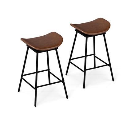 Costway Set of 2 Swivel Barstools Faux Leather Upholstered Backless with Footrest-Brown
