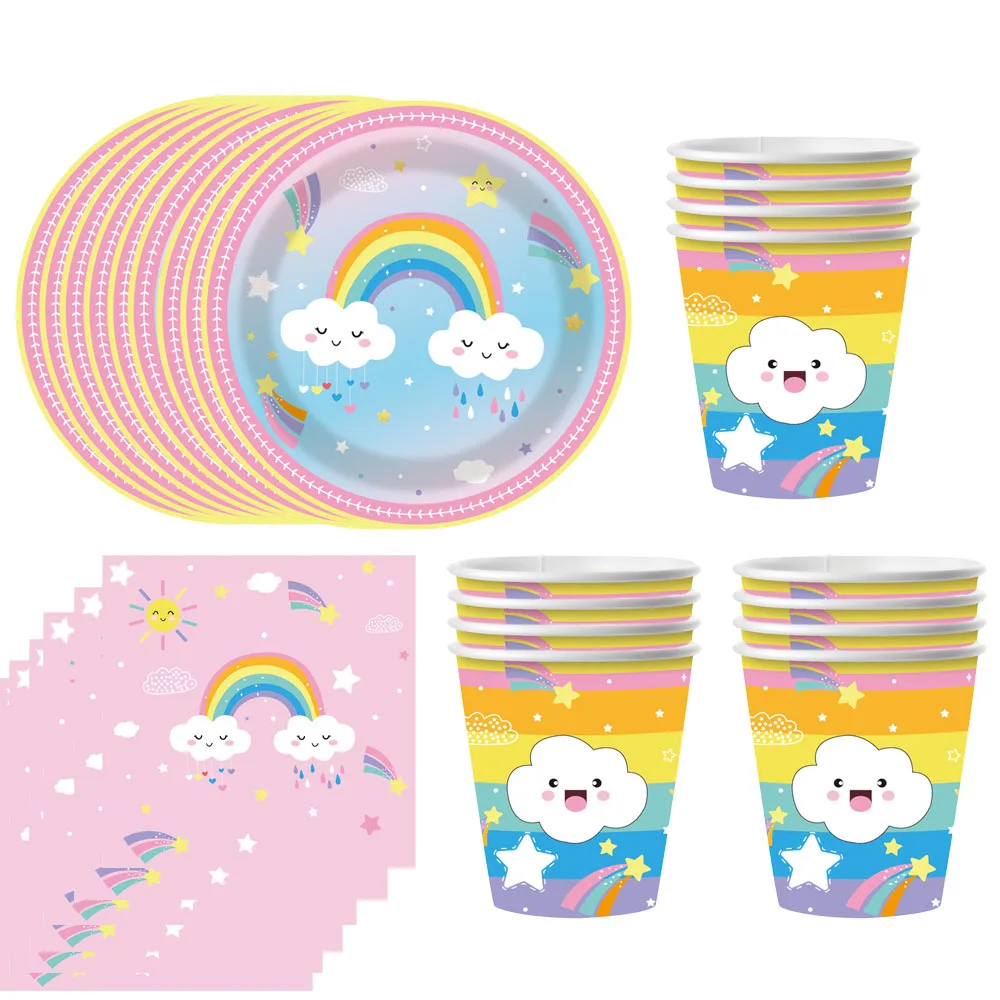 Décorations de fête sur le thème arc-en-ciel, ensemble de vaisselle jetable, assiettes jetables arc-en-ciel, tasses, décorations de réception-cadeau pour bébé Super filles
