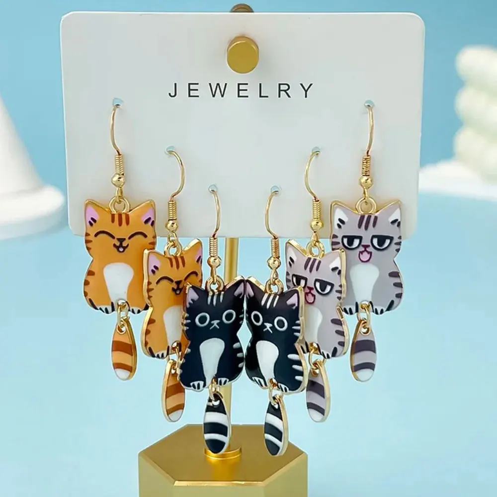 3 Paare/satz Nette Emaille Legierung Hängenden Schwanz Katze Baumeln Ohrringe Farbige Katze Ohr Ohrringe Set Schmuck-Set Schönes Geschenk Für Frauen mädchen Image