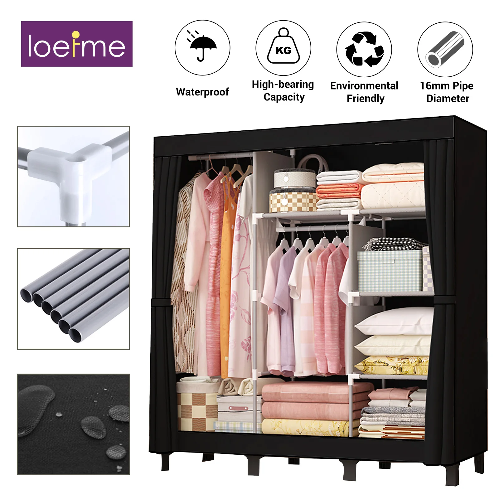 Loefme Tragbarer Kleiderschrank, Kleidungsorganisator, staubdicht, Wasserstoff, Segeltuch, Kleiderschrank, Aufbewahrungsschrank für Schlafzimmer, Aufbewahrungsregale