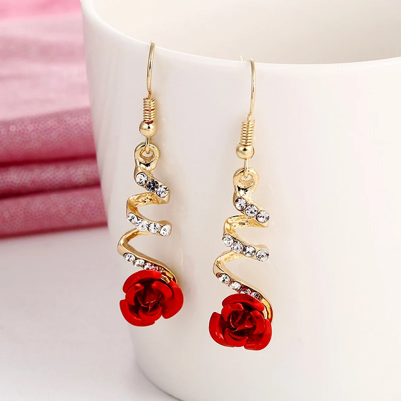 Neue Modeschmuck Rote Rose Tropfen Ohrringe Frauen Vintage Strass Blumen Baumeln Ohrring Hochzeiten Verlobung Party Schmuck