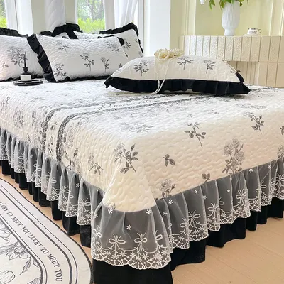1pc Quilted Bedspread for Beds Thick Blanket with Lace Single/Queen/King Size Flower Printed Quilted Bed Cover Soft Bedspreads
