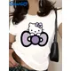Sanrio Hello Kitty Women's Casual T-Shirt Cute Cartoon Pattern Print Round Neck Top Purple Bow and Teacup All-Season Fashion Top