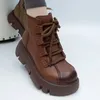 Frauen Retro Leder Stiefel Lace-up Casual Plattform High Heels Seite Zip Runde Kopf Komfortable Nicht-slip Schuhe botas Para Mujeres