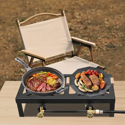 Portable 2 Burner Propane Gas Stove Outdoor Cooker with Regulator Hose, BBQ Propane Burner Head for Camping, Tailgating, Hiking