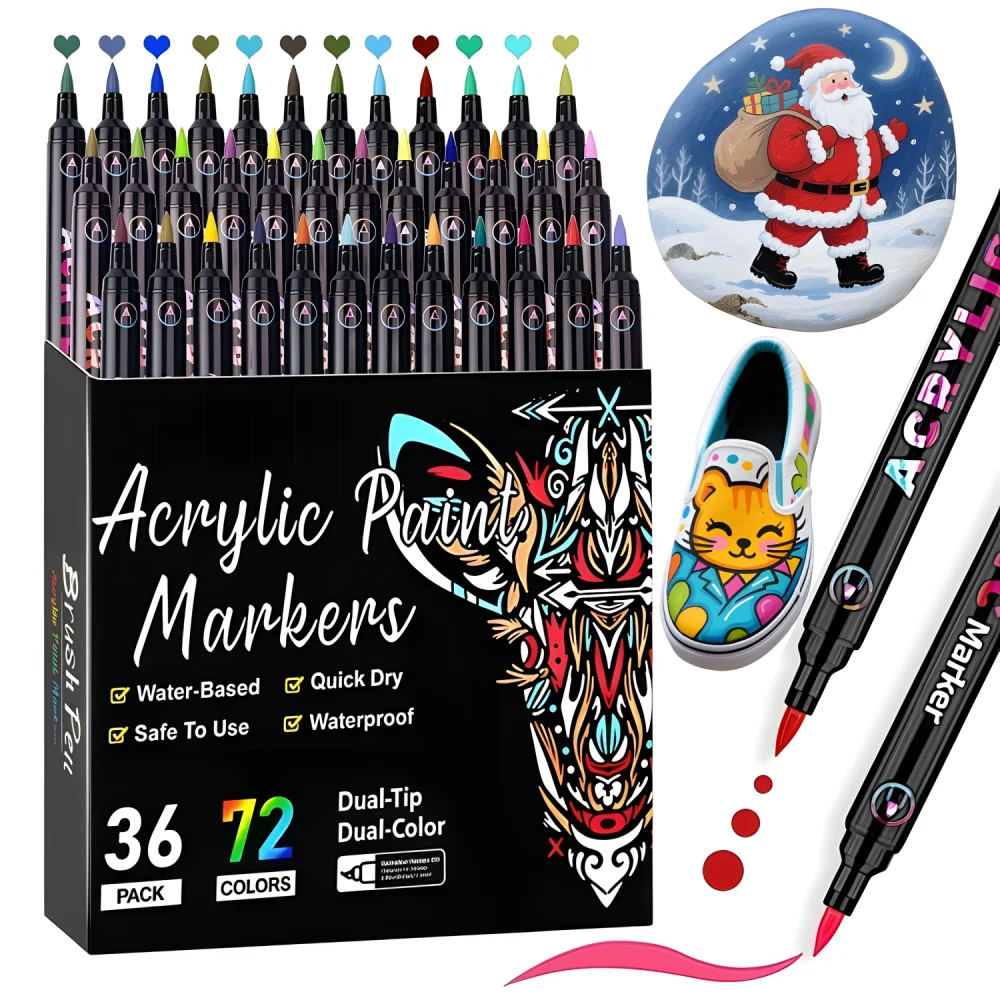 Acrylfarben-Markierungsstifte, zweifarbige Pinselstifte mit zwei Spitzen, kreative Farbmarkierungen für Steine, Holz, Leinwand, Stein, Stoff, Kunststoff Image