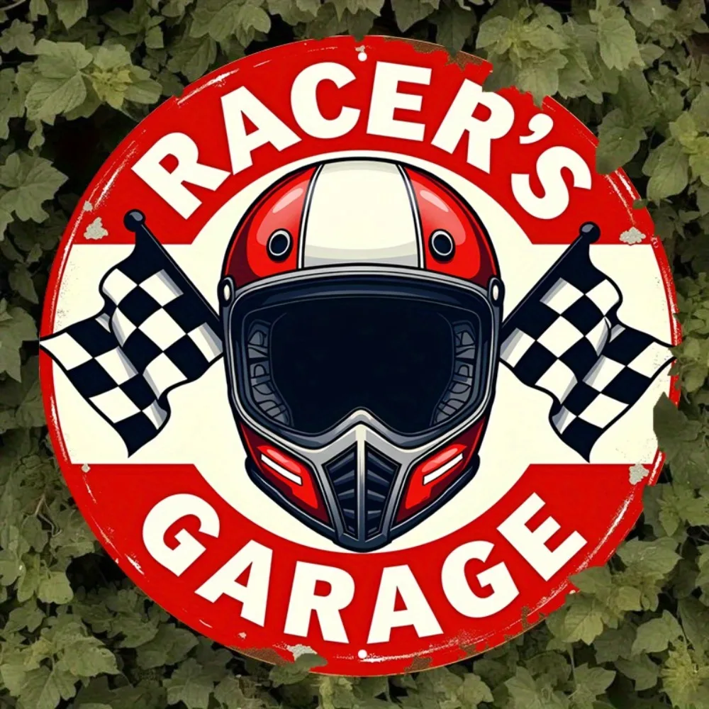 Vintage-Metallschild „Racer's Garage“ – 7,8 x 7,8 Zoll Retro-Rennhelm und karierte Flagge, rot-weiß im Used-Look, Bar-Café-Dekoration Image