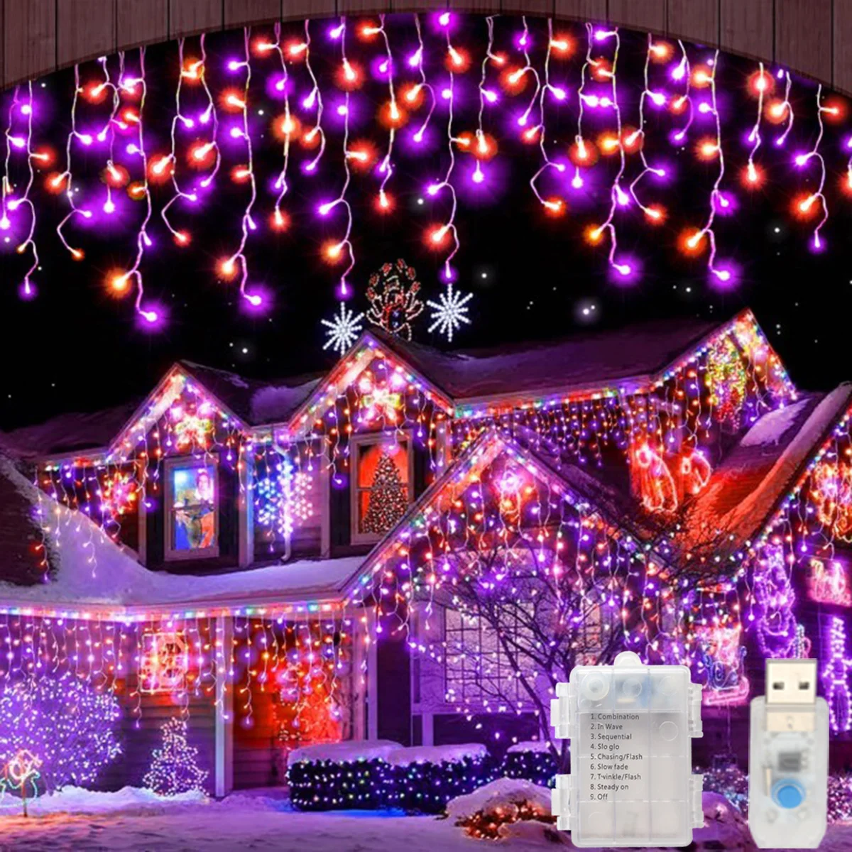 3,5 M 105LED Halloween Lichterketten USB Batteriebetriebene Lila Eiszapfen Lichterkette Für Party Weihnachten Garten Halloween Dekor