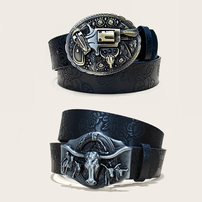 Western Cowboy PU-Ledergürtel für Männer und Frauen, schwarzer Gürtel mit Blumengravur, Stierenschnalle, Punk-Jeansgürtel, männliches Halloween-Zubehör Image