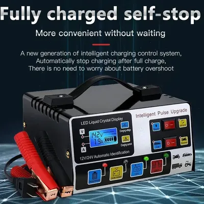 12V/24V 300A Car Battery Charger 220W High Power Fully Automatic Pulse Repair Smart LCD Display Self-stop Battery Fast Charger