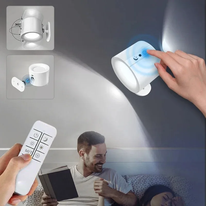 Magnetische LED-Wandleuchte, Fernbedienung, USB, 3 Lichter, RGB, kabelloser Scheinwerfer für Raumdekoration, Nachttisch, Wohnzimmer, Nachtlampe Image