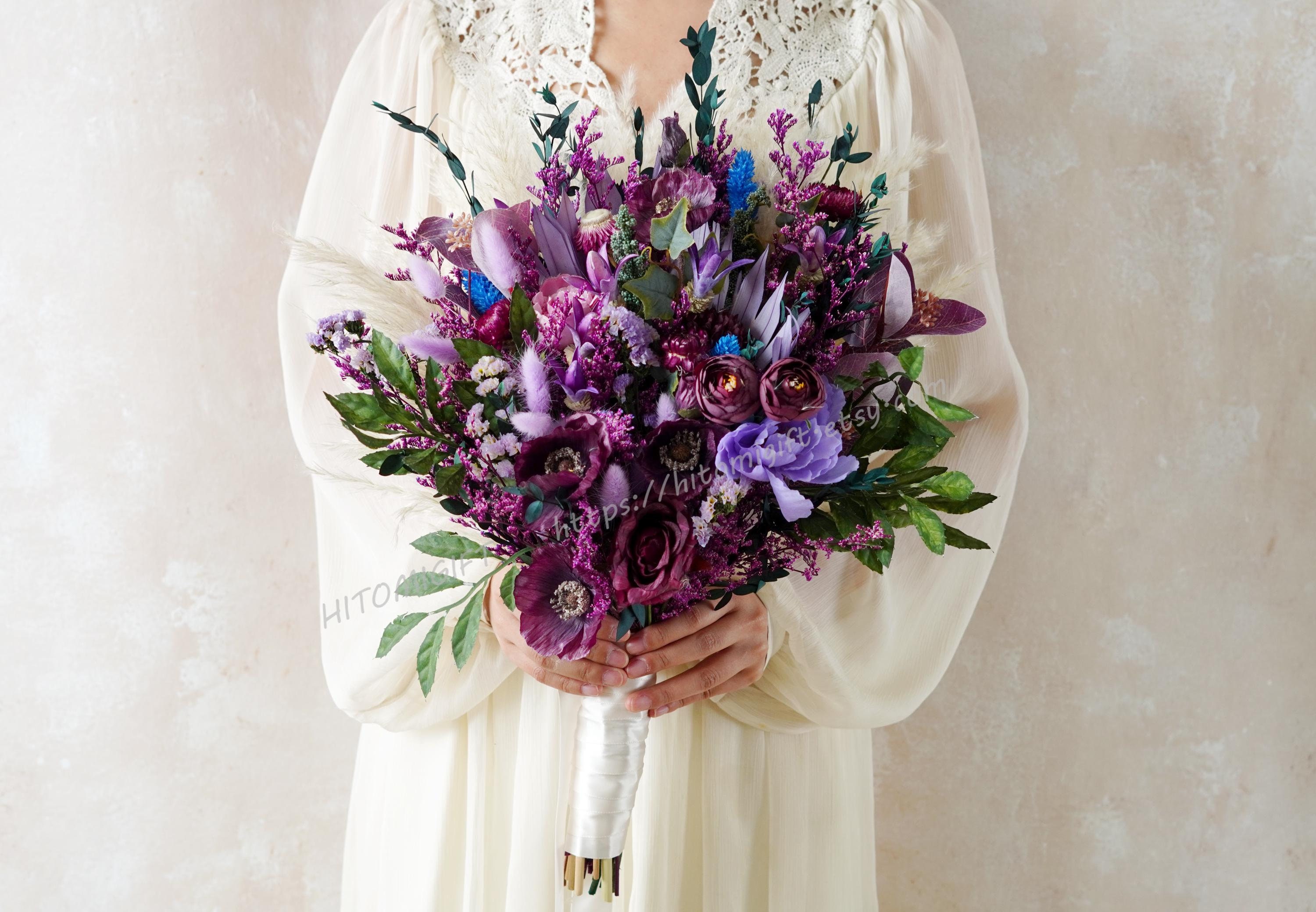 Bouquet da sposa lilla viola malva, bouquet da sposa viola, bouquet da sposa con fiori secchi, bouquet da sposa con fiori artificiali, bouquet da spos